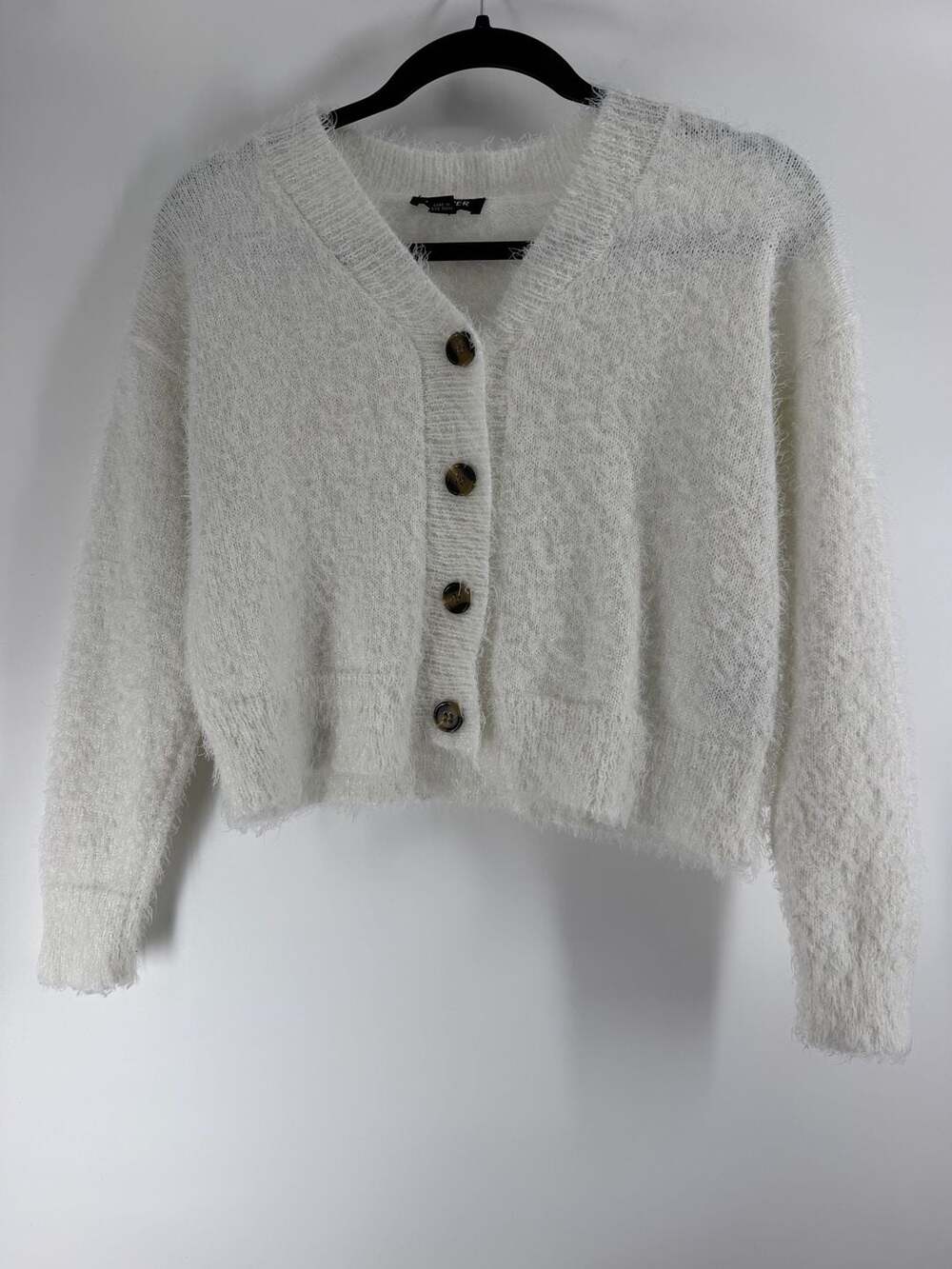 A. Byer White Fuzzy Cropped Cardigan Sweater Size Small Coquette Soft Girl